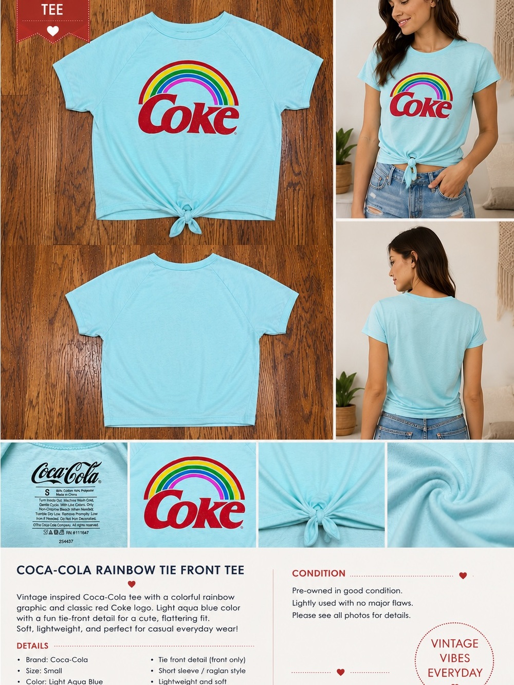 Coca-Cola Women’s Light Aqua Tee with Red Logo and Rainbow 🌈 Graphic Size Small